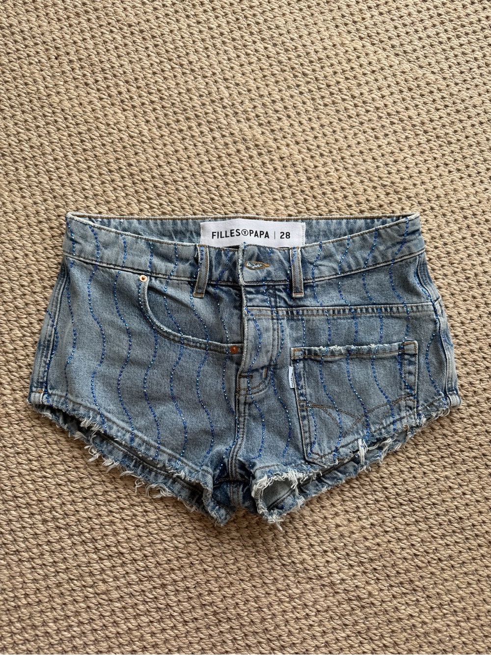 Filles à Papa Blue Wavy-Embroidered Denim Shorts